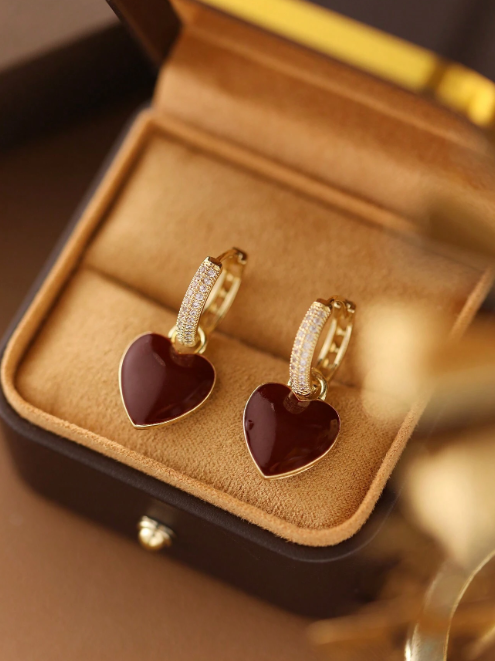 Shein - 1 Pair Classic Vintage Copper Alloy Gold Plated Micro-inlaid Rhinestone Heart Hoop Earrings