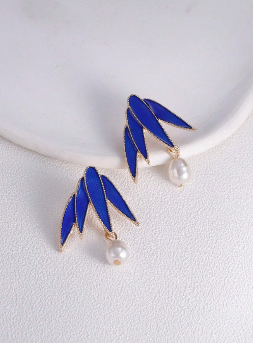 Shein - 1 Pair Chinese Style Bamboo & Pearl Earrings, High-end Niche Design Blue