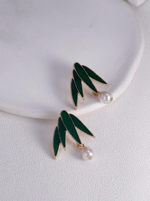 Shein - 1 Pair Chinese Style Bamboo & Pearl Earrings, High-end Niche Design Green