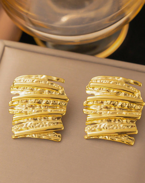 Shein - 2pcs/set Chic Exaggerated Asymmetrical Hammered Striped & Pleated Square Shape Stainless Steel Earrings