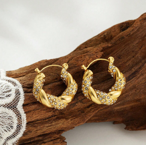Shein - 1 Pair Stainless Steel Cubic Zirconia Asymmetrical U-shaped Hoop Earrings