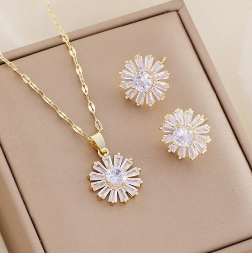 Shein - 1-3pcs 316l Stainless Steel Daisy Flower Zirconia Necklace And Earring Jewelry Set