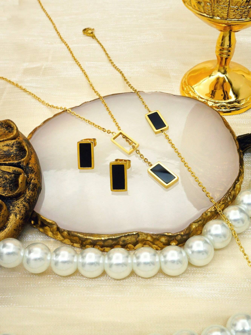 Shein - 4pcs Set Women's 18k Gold Plated Stainless Steel Square White Shell Necklace, Bracelet, Earrings