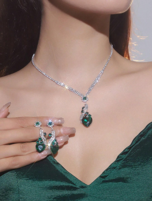 Shein - 1 Set Of Fashion & Shiny & Luxury Party Rhinestone Necklace, Earring Set