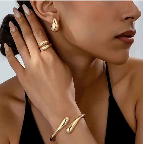 Shein - 4pcs Elegant Water Drop Shape Bracelet, Ring + Earrings, Women Fashion Jewelry Set