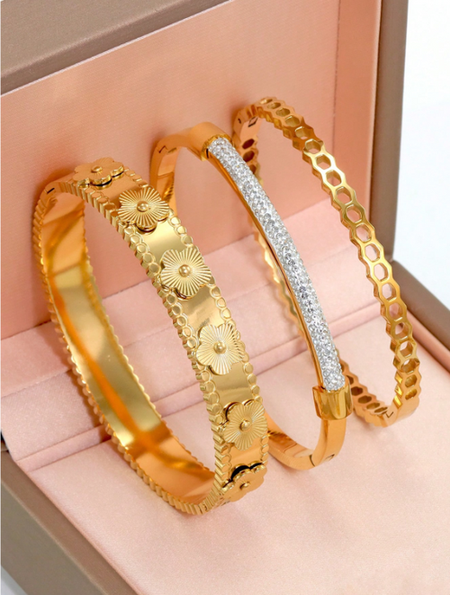 Shein - 3pcs 18k Gold Plated Stainless Steel Bangle Bracelets For Women