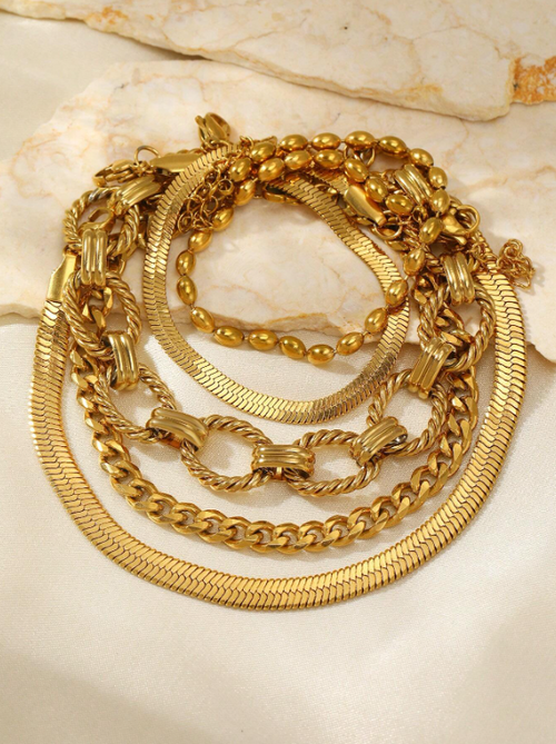 Shein - 5pcs/set Stainless Steel Multilayer Chain Bracelet Set