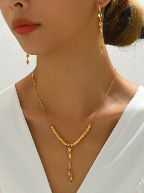 Shein - 18k Gold Plated 3pcs Women Fashion Vintage Tassel Pendant Necklace Set