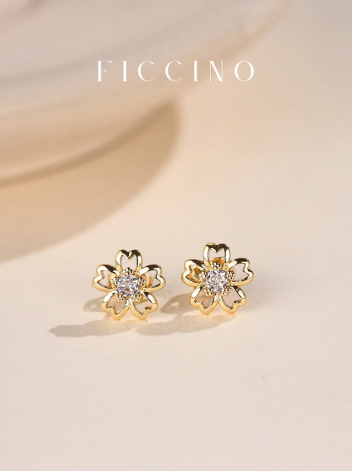 Shein - Ficcino Gold Plated Cubic Zirconia Cherry Blossom Stud Earrings