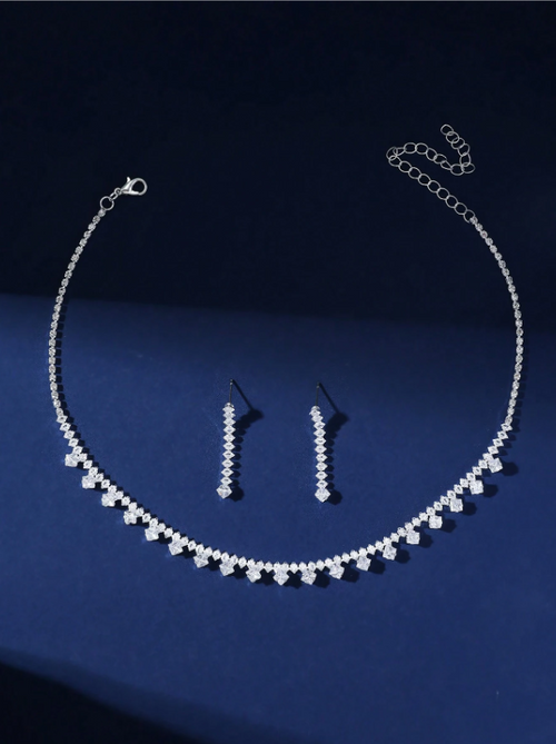Shein - Women's Fashion Full Rhinestone Jewelry Set, Rhinestone Necklace + Earrings