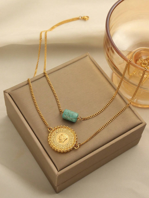 Shein - 1pc Elegant Minimalist Stainless Steel Copper Alloy Gold-plated Coin Bead Multi-layer Necklace