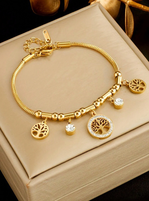 Shein - 1pc Rhinestone Inlaid Tree Of Life Round Pendant Stainless Steel Chain Bracelet
