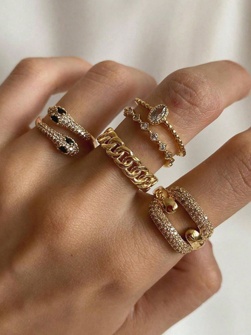 Shein - 5pcs Ring Set Exaggerated Gold Snake Alloy Ring Vintage Jewelry Knuckle Ring Set
