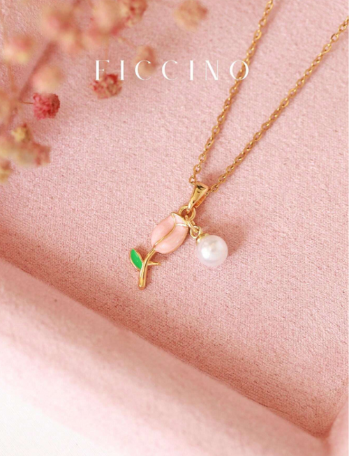 Shein - Ficcino Cute Pink Tulip Plated Faux Pearl Pendant Necklace