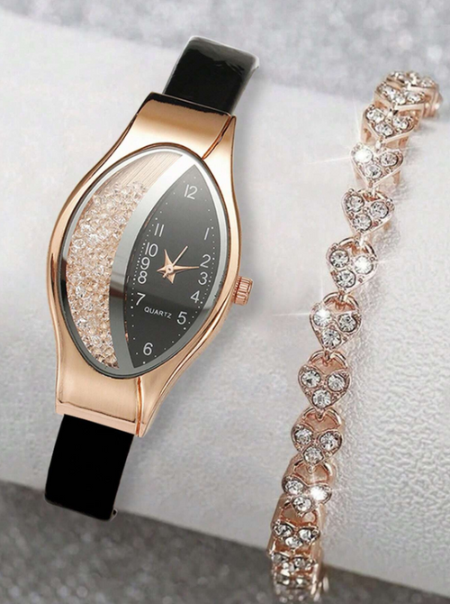 Shein - 1pc Men Watch Black Pu Polyurethane Strap Fashion Rhinestone Decor Oval Dial Quartz Watch & 1pc Charm Bracelet