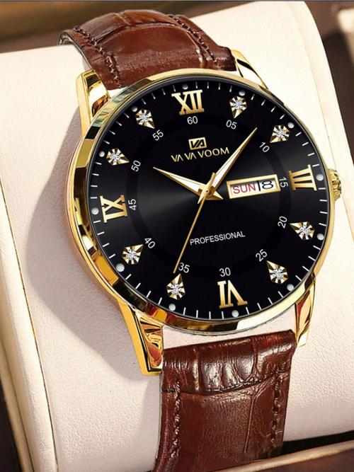 Shein - Va Va Voom 1pc Business Men's Watch Brown Strap With Calendar