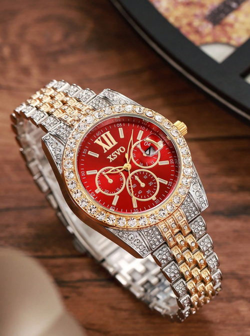 Shein - 1pc Women's Elegant Minimalist Bar Marking Tri-eye Dial, Diamond-decorated Steel Band Quartz Watch