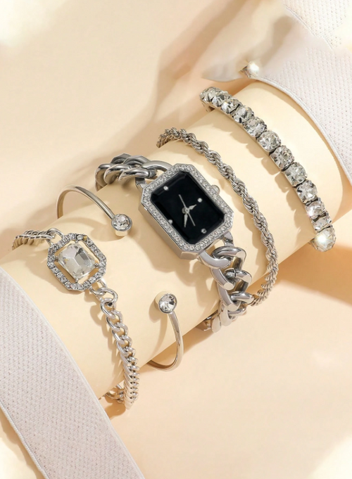 Shein - 5pcs/set Women's Elegant Fashion Rhinestone Marked Square Dial Steel Band Quartz Wrist Watch + Crystal Inlaid Bracelet