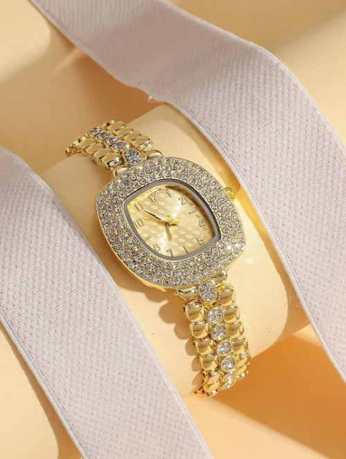 Shein - 1pc Unique Design Women Arabic Scale Full Rhinestone Quartz Steel Band Watch