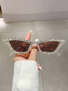 Shein - 1pc Women's Champagne Cat Eye Sunglasses With Diamond Decoration