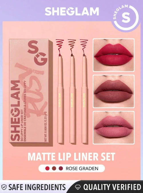 Shein Sheglam - So Lippy Lip Liner Set-Rose Garden 3 Pcs/Set Soft Matte Red Lip Liner Pencil High Pigment Easy To Use Rose garden
