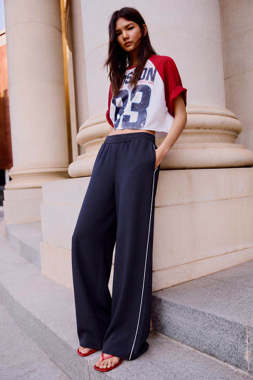 Vybe - Women Wide-leg Plush Trouser With Trim Detail - Navy Blue