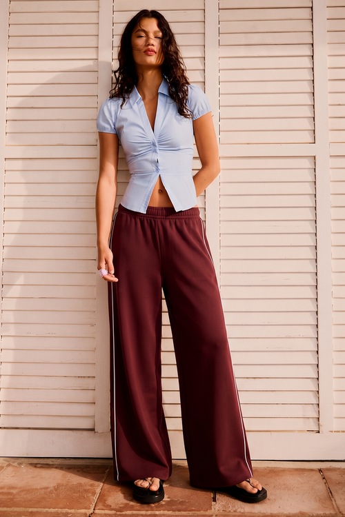 Vybe - Women Wide-leg Plush Trouser With Trim Detail - Maroon
