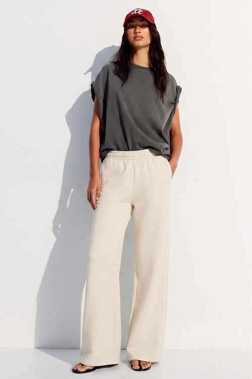 Vybe - Women Wide-leg Plush Trouser With Trim Detail - Oat Milk