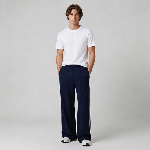 Vybe - Men Wide-leg Plush Trouser With Trim Detail - Navy Blue
