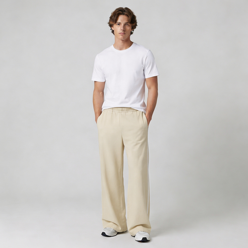 Vybe - Men Wide-leg Plush Trouser With Trim Detail - Oat Milk