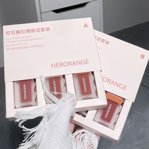 Herorange 3pcs New Cocoa Maillard Matte Lip Paste And Lip Gloss Set