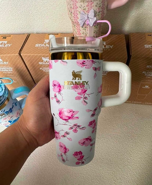 Home.co - Mini Stanley Quencher H2.0 Tumbler 14 Oz - Loveshackfancy White Ribbon Rosa