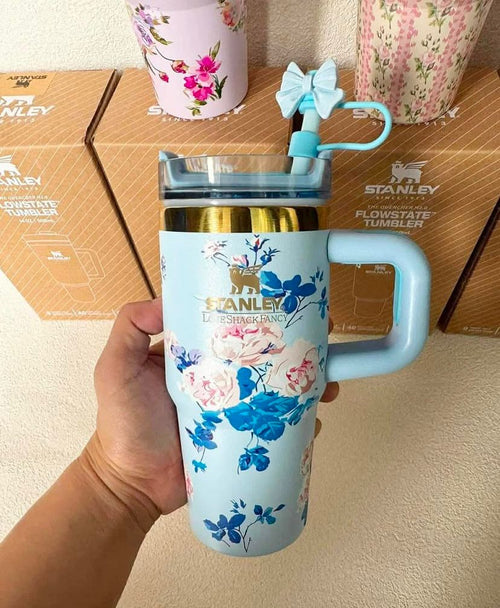Home.co - Mini Stanley Quencher H2.0 Tumbler 14 Oz - Loveshackfancy Everblooming Rosettes Blue