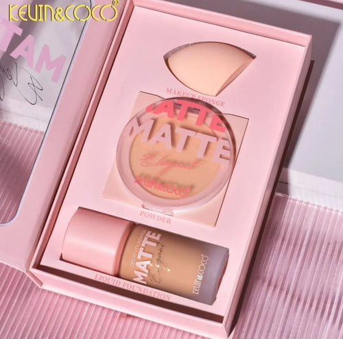 Kevin & Coco 3 Pcs Matte Gift Box - Matte Foundation - Matte Face Powder - Makeup Blender