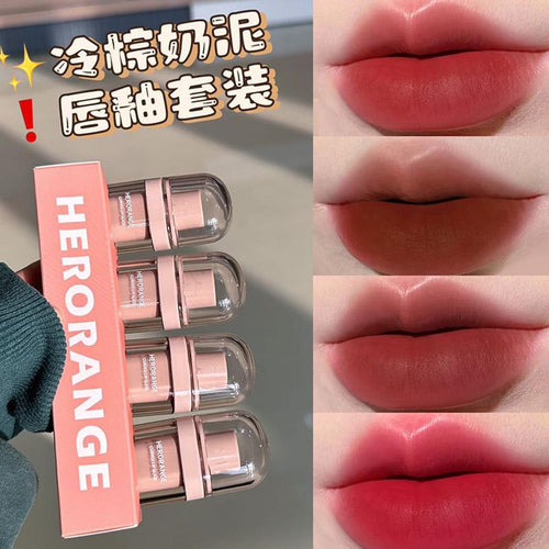 Herorange Pack Of 4 Korean Cold Brown Milk Mud Matte Lip Glaze Long-lasting Lipstick