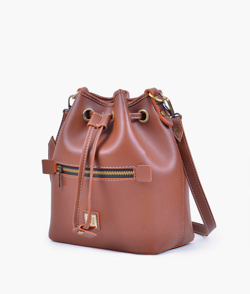 Rtw - Brown Bucket Bag With Zipper Pocket