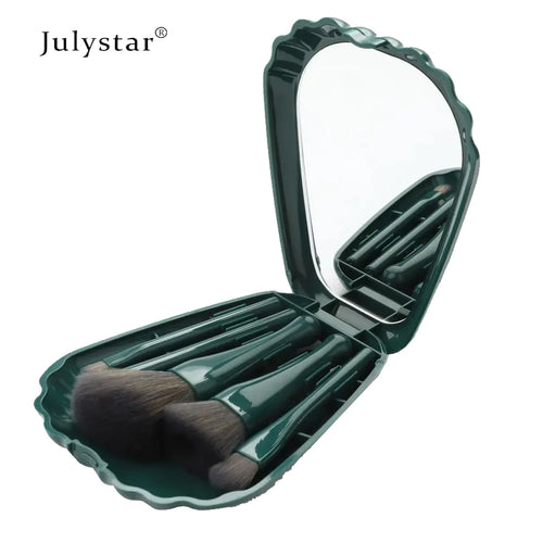 Julystar 5pcs Makeup Brush Set Shell Mirror Blush Powder Eyeshadow Highlighter Foundation Beauty Tool Dark Green Colour