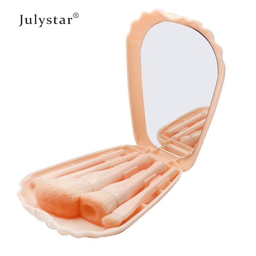 Julystar 5pcs Makeup Brush Set Shell Mirror Blush Powder Eyeshadow Highlighter Foundation Beauty Tool Baby Pink Colour