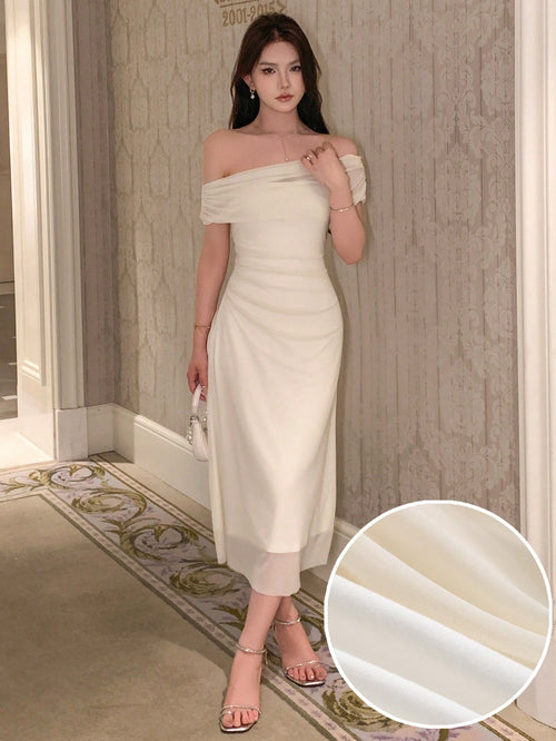 Shein Dazy Kpop Solid Ruched Side Mesh Overlay Dress Beige