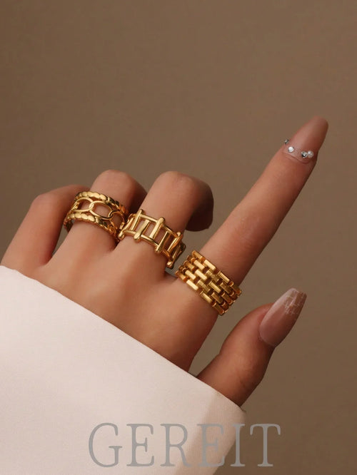 Shein - Gereit 3pcs 18k Stainless Steel Hollow Circle Open Ring Set, Fashionable Daily Wear Jewelry, Mother's Day Gift For Women