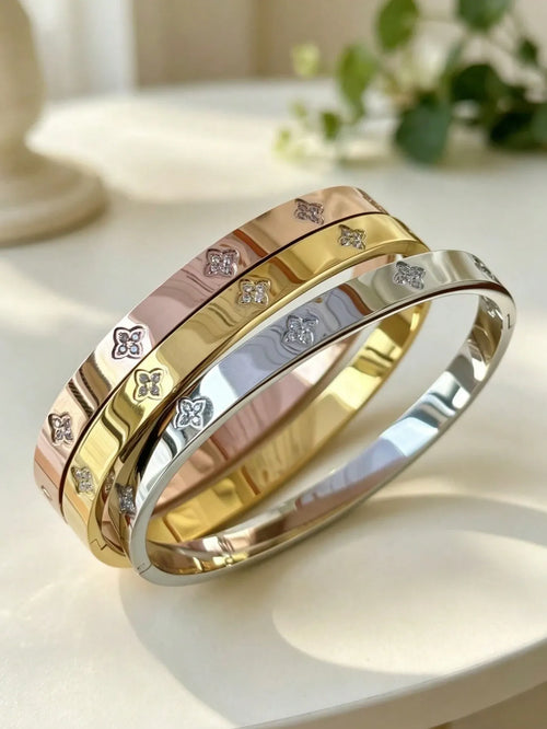 Shein - 3/1pcs New High-quality Stainless Steel Zirconia Flower Bangle Gold Silver Rose Gold 3 Colors