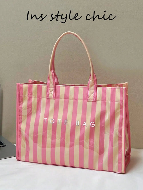 Shein - Soft Pink Striped Tote Bag, Glossy Waterproof Fabric