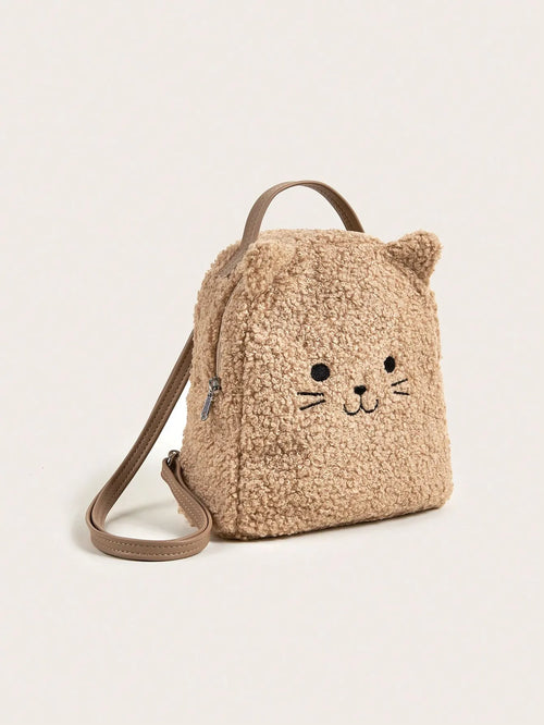 Shein - 1 Pc 3d Cat Ear Embroidered Cat Teddy Plush Zipper Closure Soft Cute Small Backpack (very Small Size)