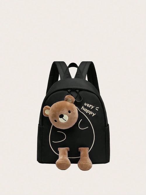 Shein - 1pc Fashionable Nylon Zipper Backpack With Cute Cartoon Bear Design