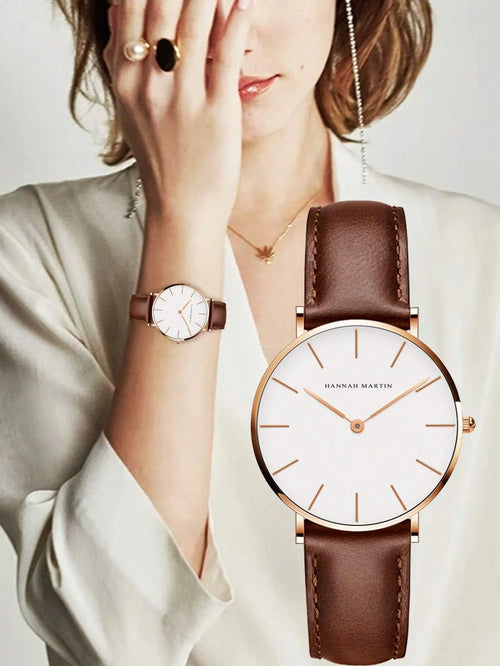 Shein - Hannah Martin 1pc Women's Brown Leather Strap Casual Quartz Wristwatch