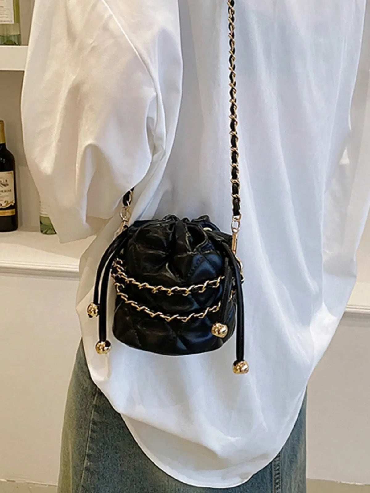 Shein - Rhombus Mini Drawstring Bucket Bag With Chain