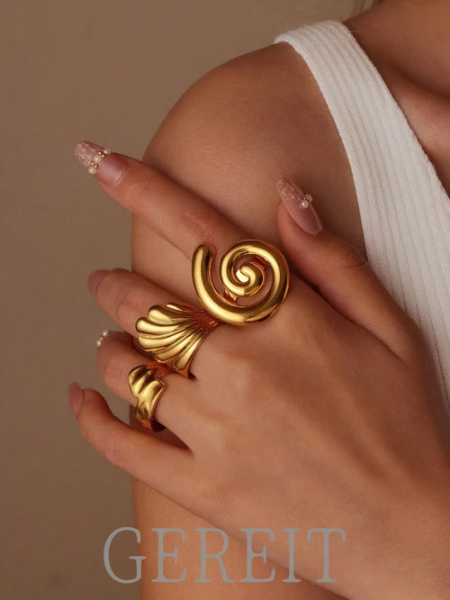 Shein - 3pcs 18k Stainless Steel Hollow Fan-shaped Ring Set