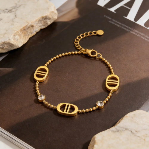 Shein - Women's Fashion Double D Letter Bracelet, Stainless Steel Inlaid Cubic Zirconia Bracelet - Gold