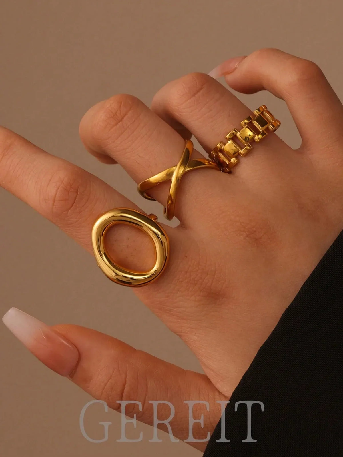 Shein - Gereit 3pcs 18k Stainless Steel Chain Hollow Circle Open Ring Set