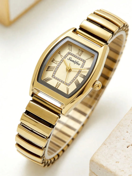 Shein - 1pc Women's Elegant Retro Quartz Watch, High-quality Alloy Case - Gold Diamantes Dial